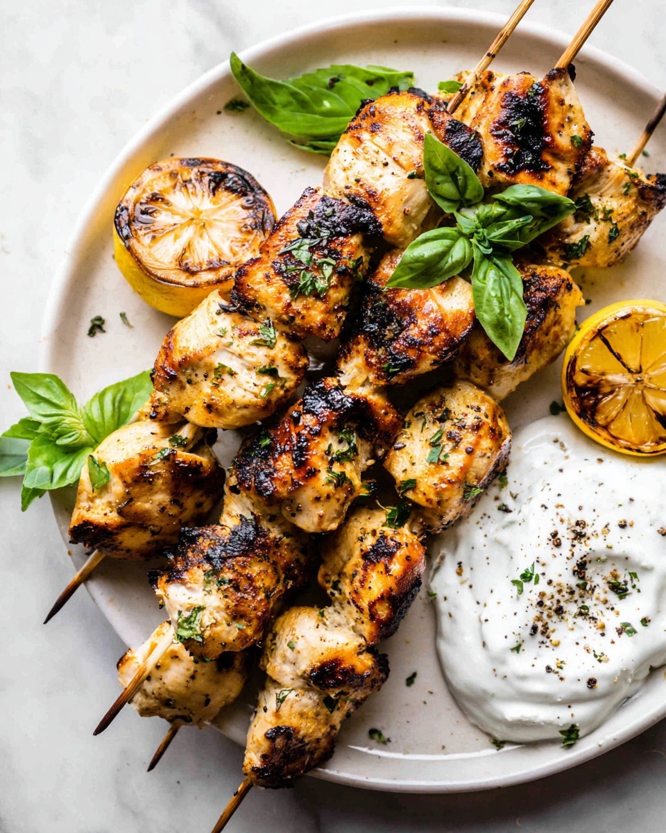 Basil and Garlic Grilled Chicken Skewers with Garlicky Whipped Ricotta Recipe - Recipe Image