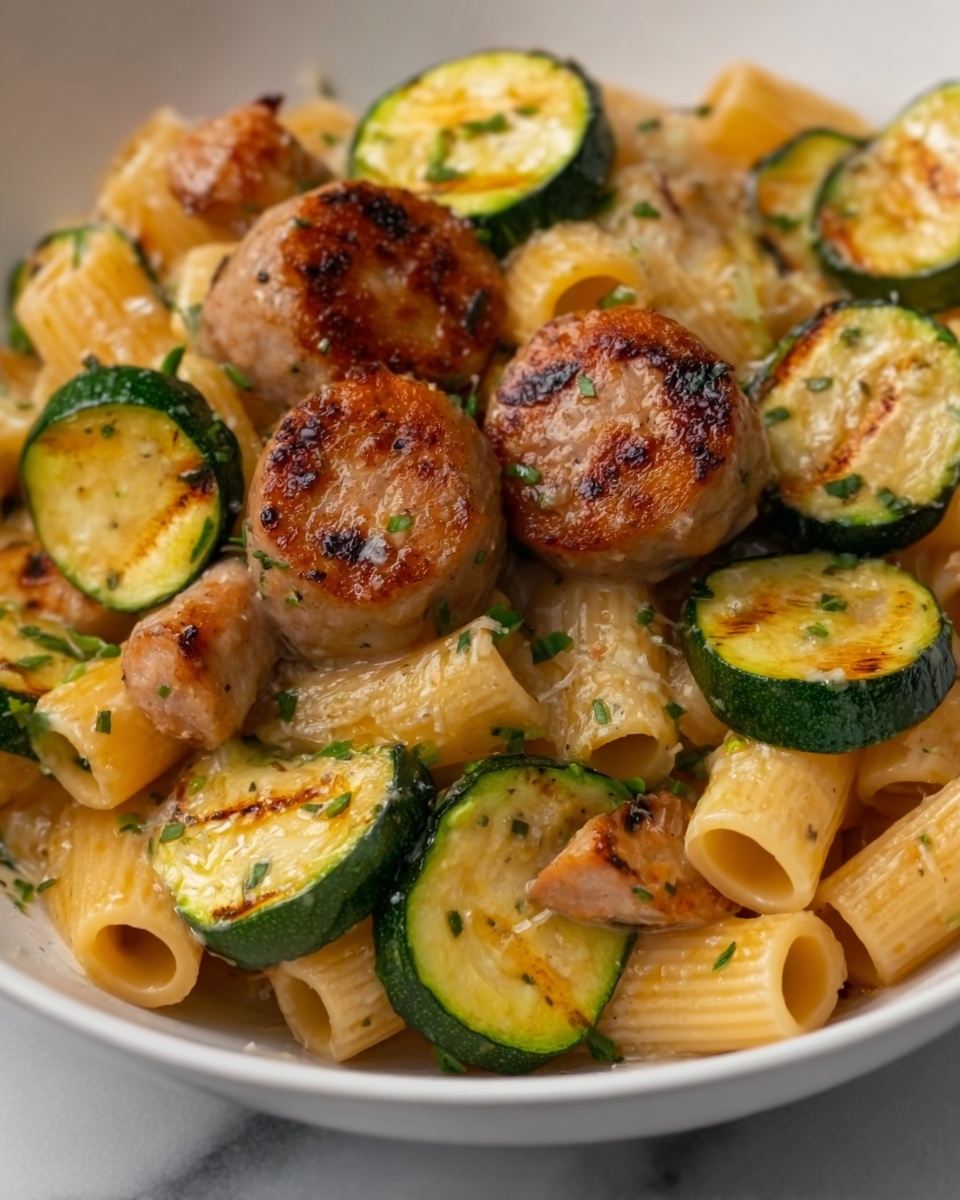 Chicken Sausages with Zucchini, Tomatoes, and Pasta Recipe - Recipe Image