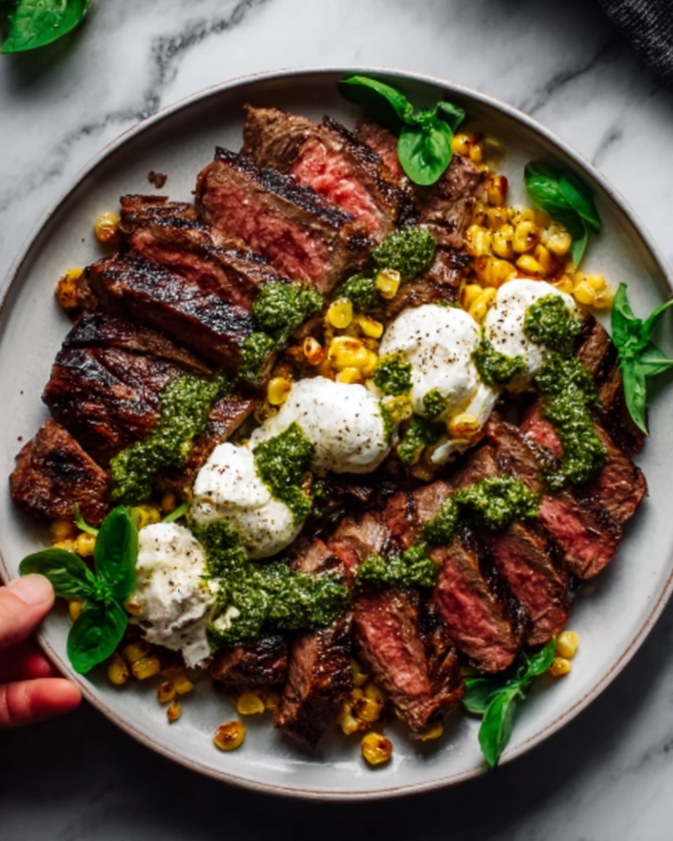 Grilled Flank Steak with Burrata and Arugula Pesto Recipe - Recipe Image