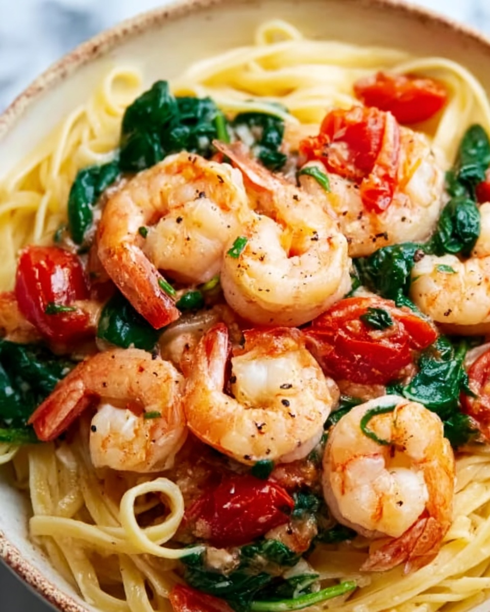 Shrimp Tomato Spinach Pasta in Garlic Butter Sauce Recipe - Recipe Image