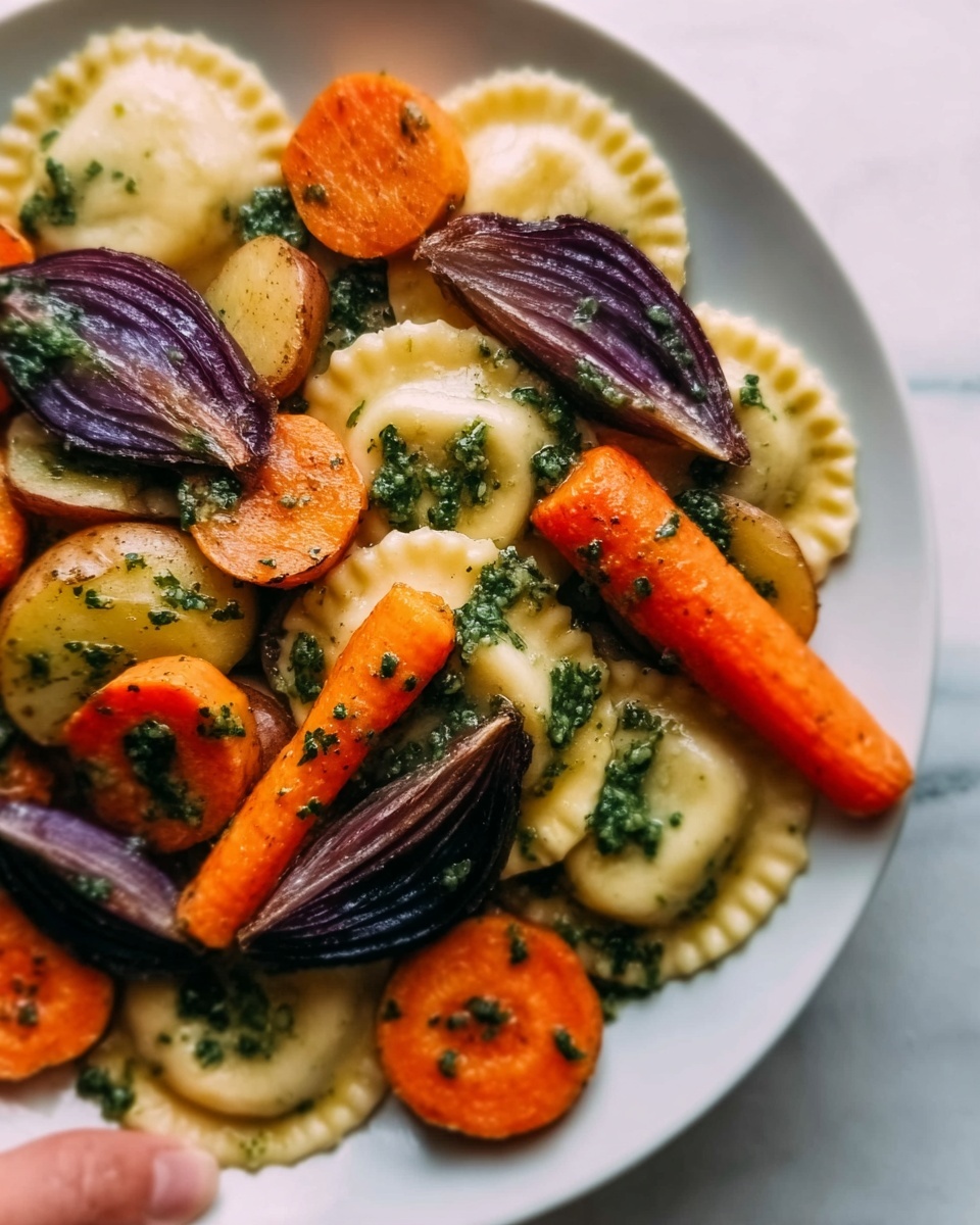 Chimichurri Pierogies with Roasted Veggies Recipe - Recipe Image