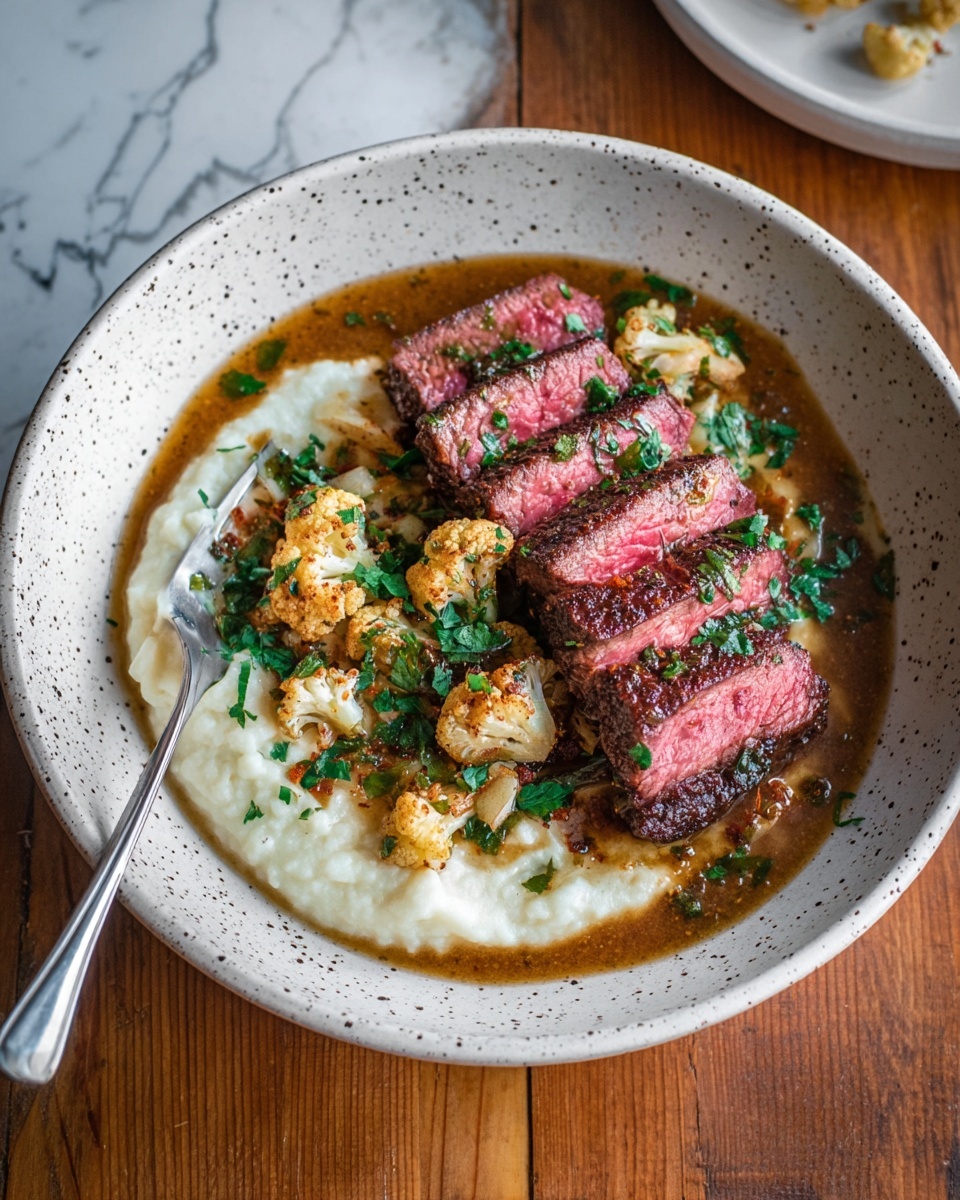 Brown Butter Steak with Roasted Garlic Whipped Cauliflower Recipe - Recipe Image