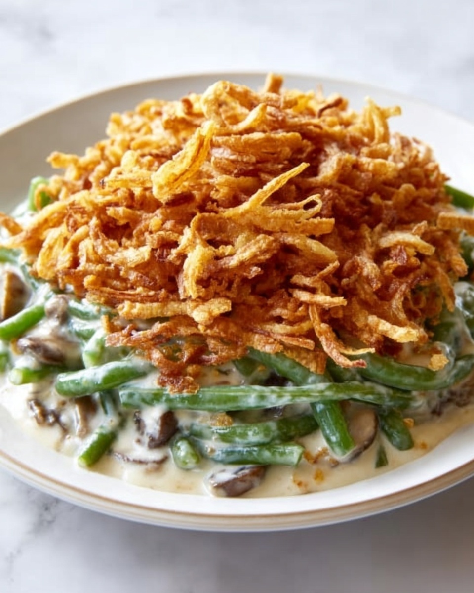 Green Bean Casserole with Homemade Cream of Mushroom Soup and Crispy Fried Onions Recipe - Recipe Image