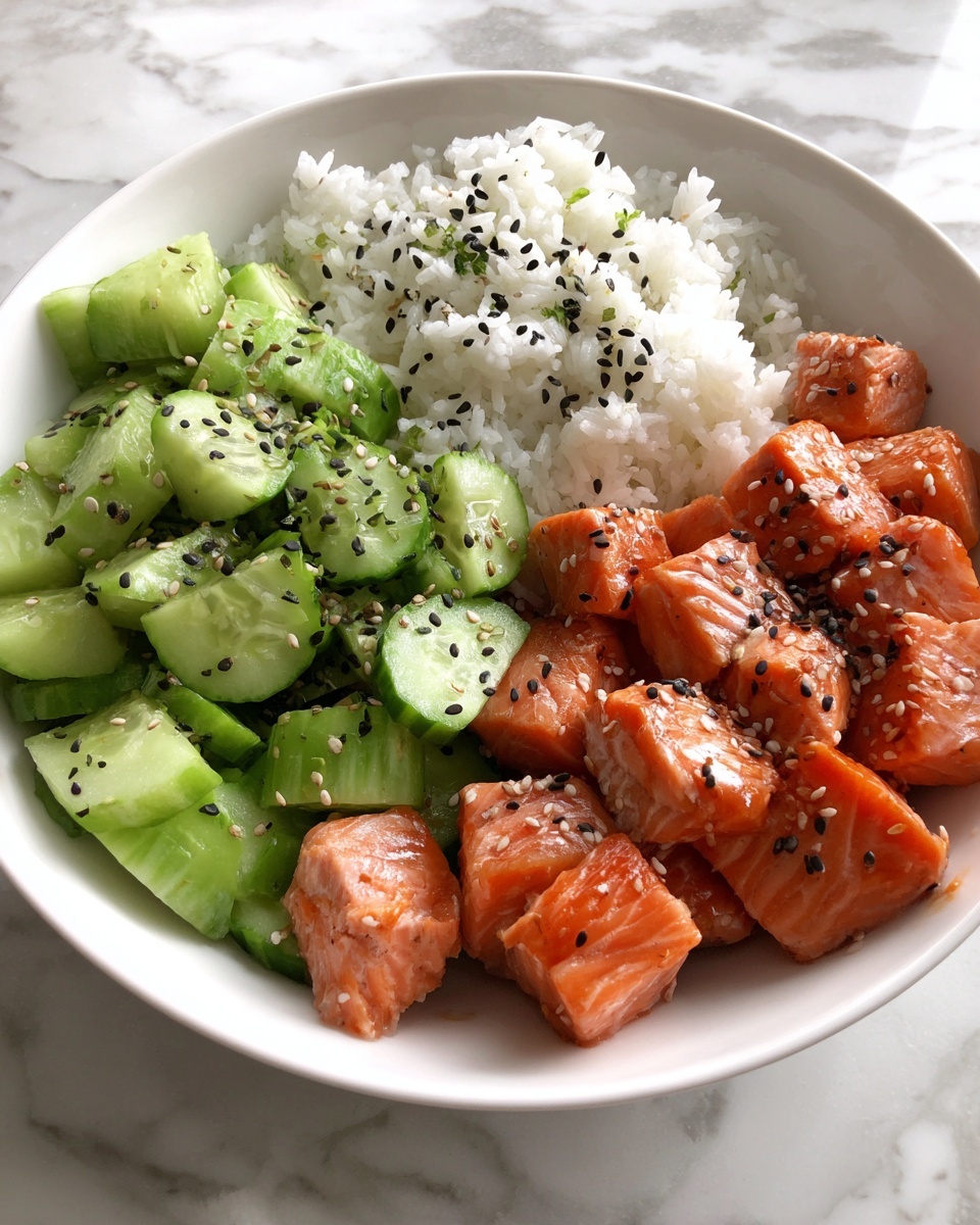 Teriyaki Salmon Bites with Avocado Cucumber Salad and Spicy Sriracha Mayo Recipe - Recipe Image