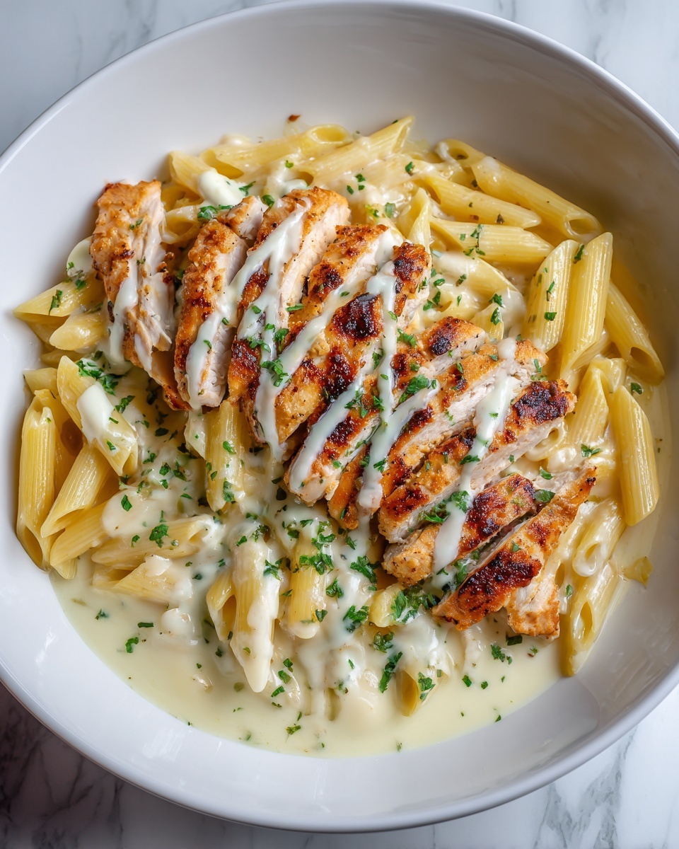 Tuscan Chicken with Creamy Broccoli Alfredo Penne Recipe - Recipe Image